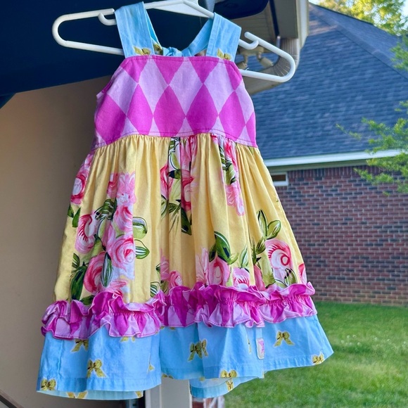 Girls boutique yellow/pink/blue floral sleeveless Dress with ruffles 18m - Picture 4 of 12